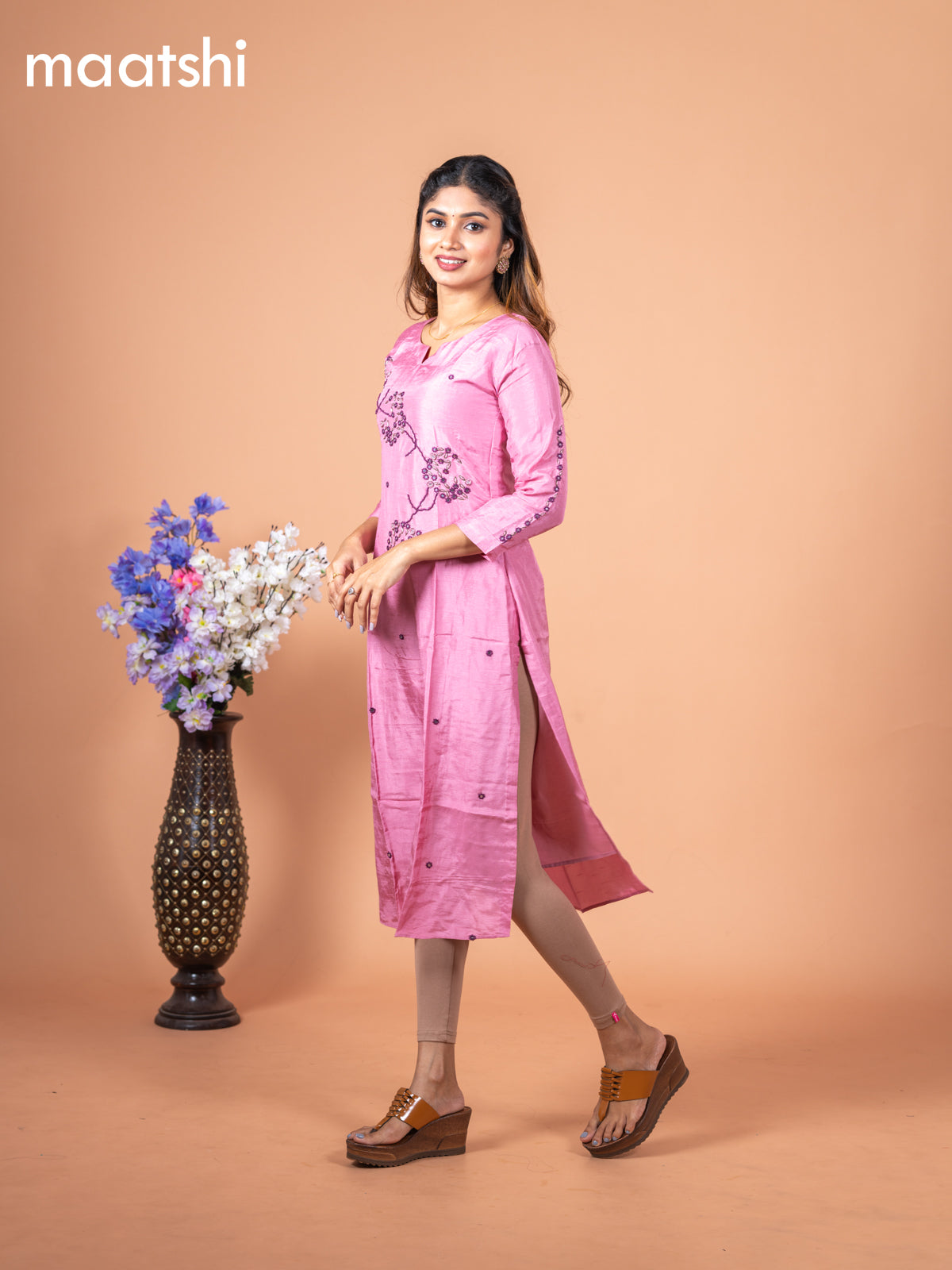 Chanderi readymade kurti mauve pink with allover mirror & embroidery work without pant