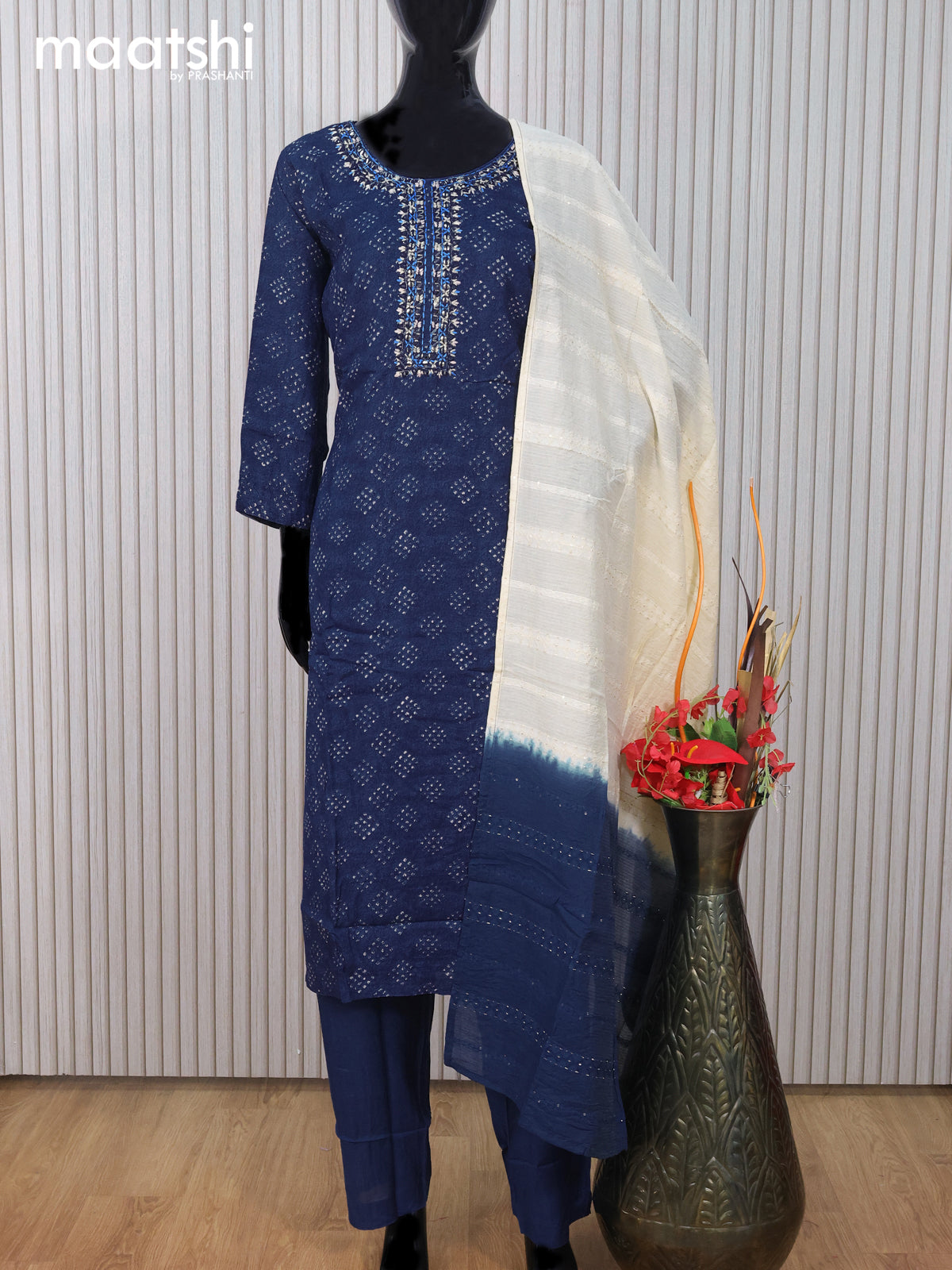 Muslin readymade salwar suit peacock blue with allover prints & mirror embroidery work neck pattern and straight cut pant & dupatta