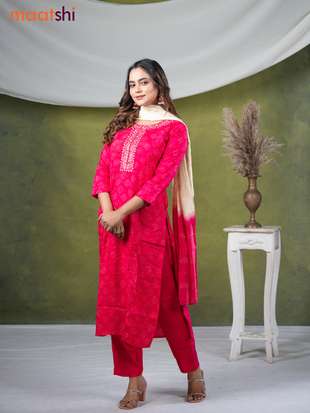 Muslin readymade salwar suit pink with allover prints & mirror embroidery work neck pattern and straight cut pant & dupatta