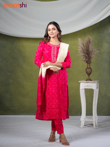 Muslin readymade salwar suit pink with allover prints & mirror embroidery work neck pattern and straight cut pant & dupatta