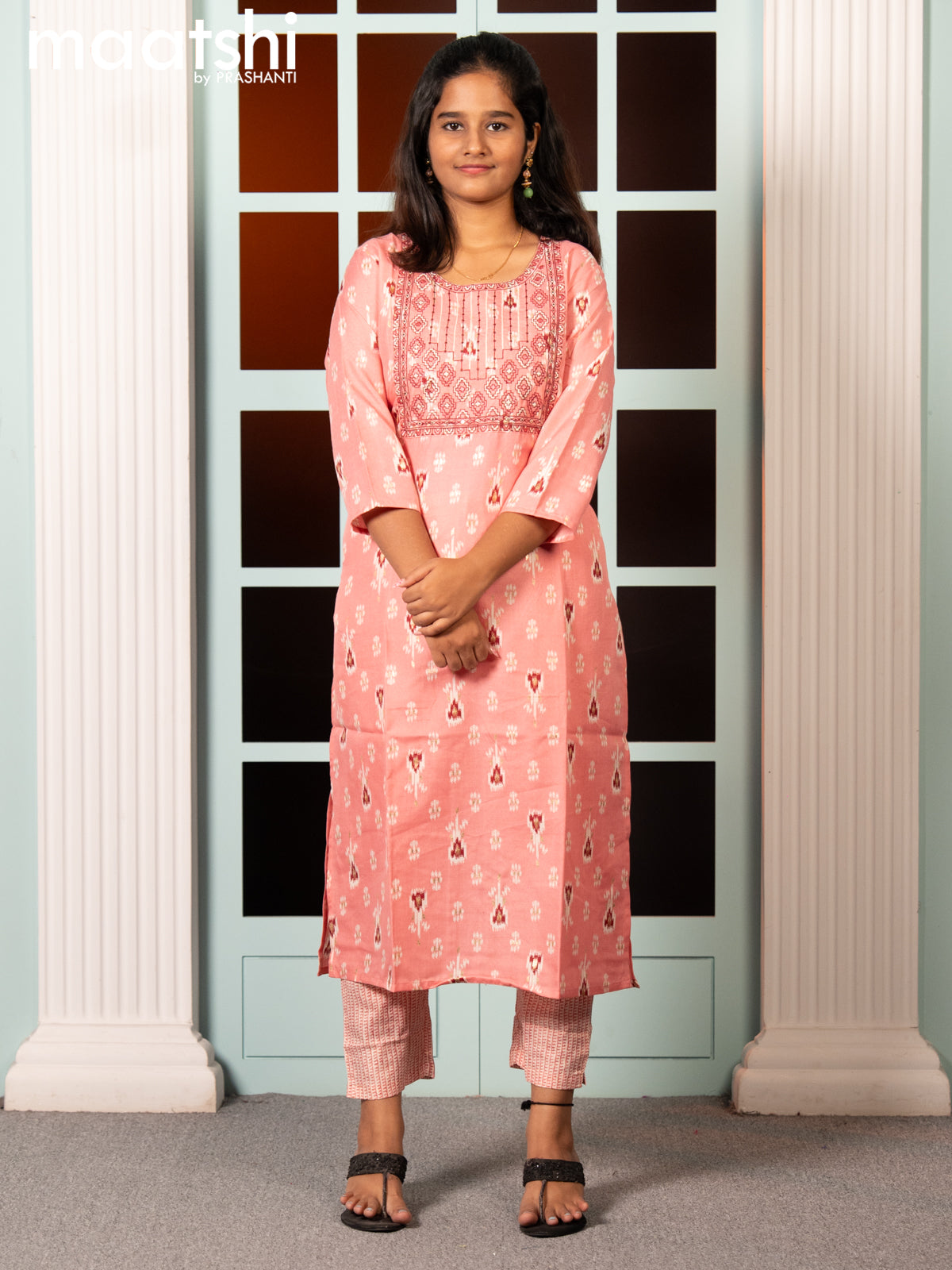 Rayon readymade salwar suit peach pink with ikat butta prints & embroidery sequin work neck pattern and straight cut pant