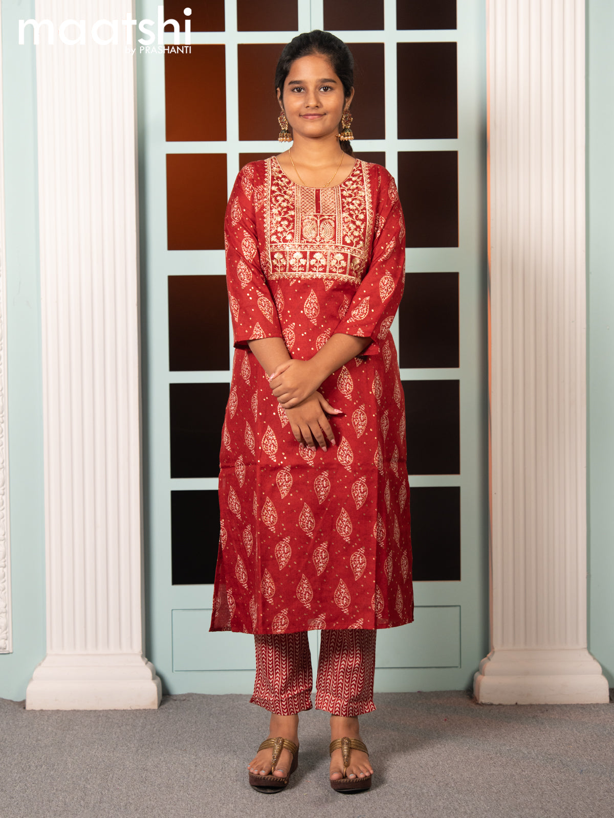 Rayon readymade salwar suit maroon with allover butta prints & embroidery sequin work neck pattern and straight cut pant