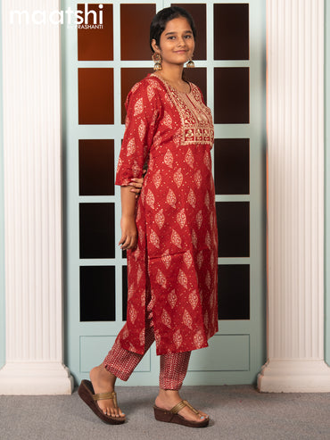 Rayon readymade salwar suit maroon with allover butta prints & embroidery sequin work neck pattern and straight cut pant