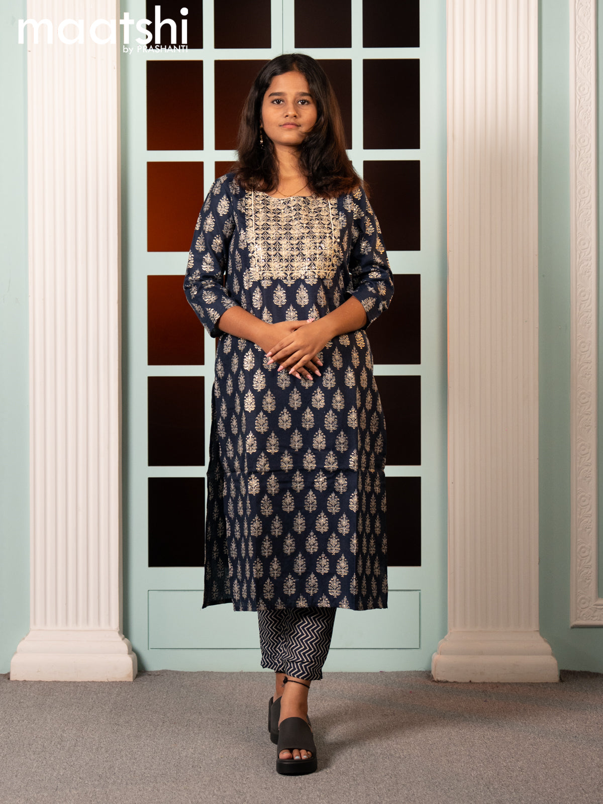 Rayon readymade salwar suit navy blue with allover butta prints & embroidery sequin work neck pattern and straight cut pant