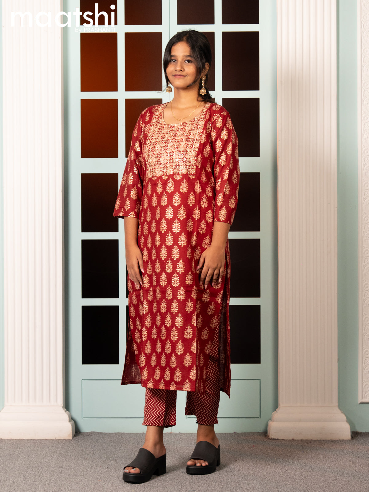 Rayon readymade salwar suit maroon with allover butta prints & embroidery sequin work neck pattern and straight cut pant