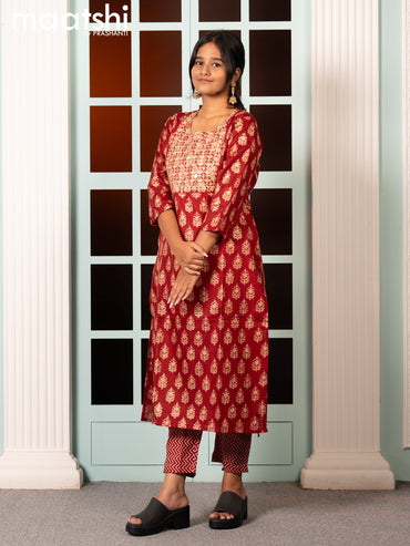 Rayon readymade salwar suit maroon with allover butta prints & embroidery sequin work neck pattern and straight cut pant