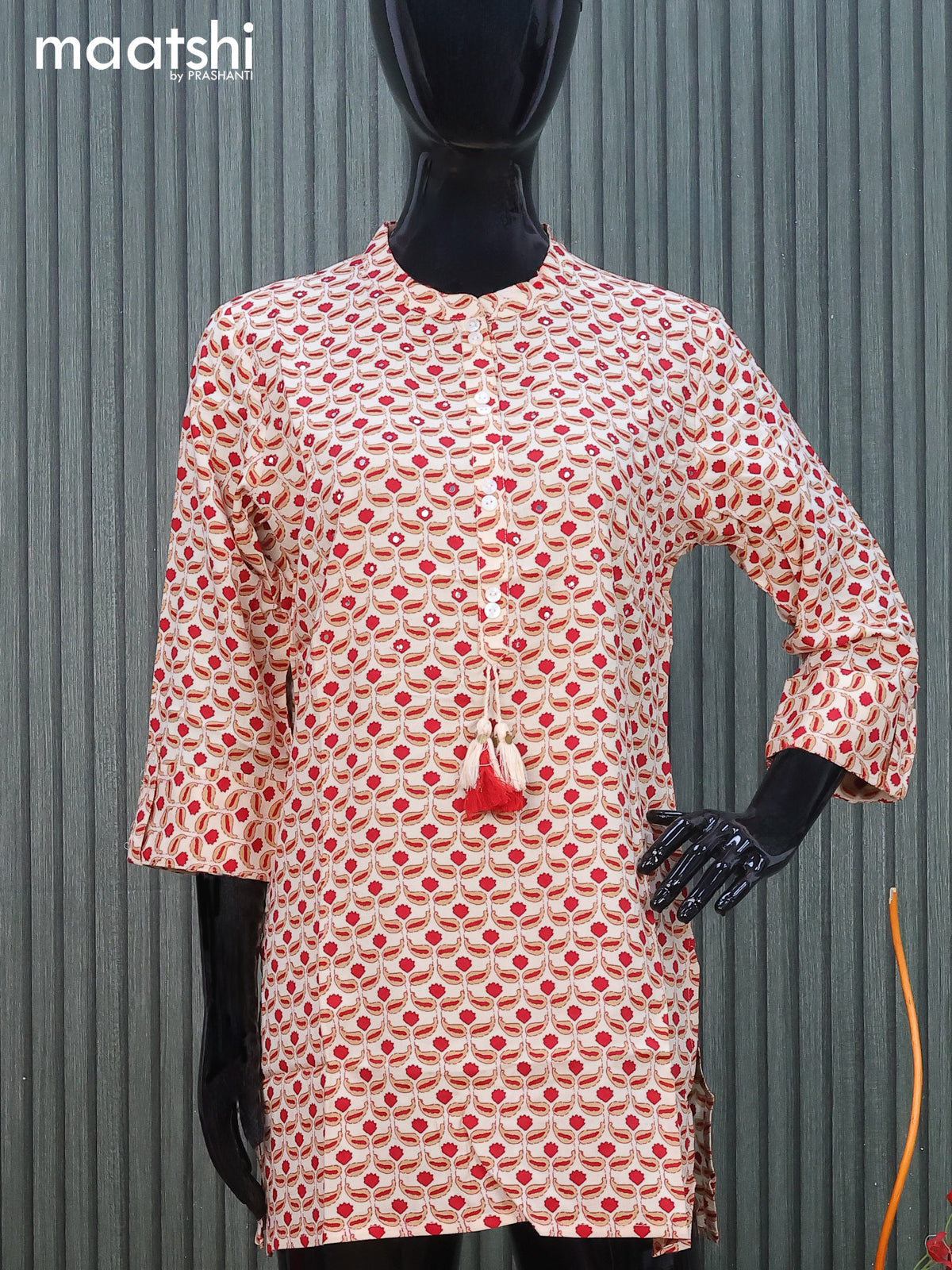 Cotton readymade short kurti cream with allover prints & mirror work without pant