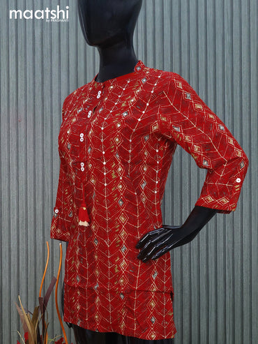 Cotton readymade short kurti red with allover prints & mirror work without pant