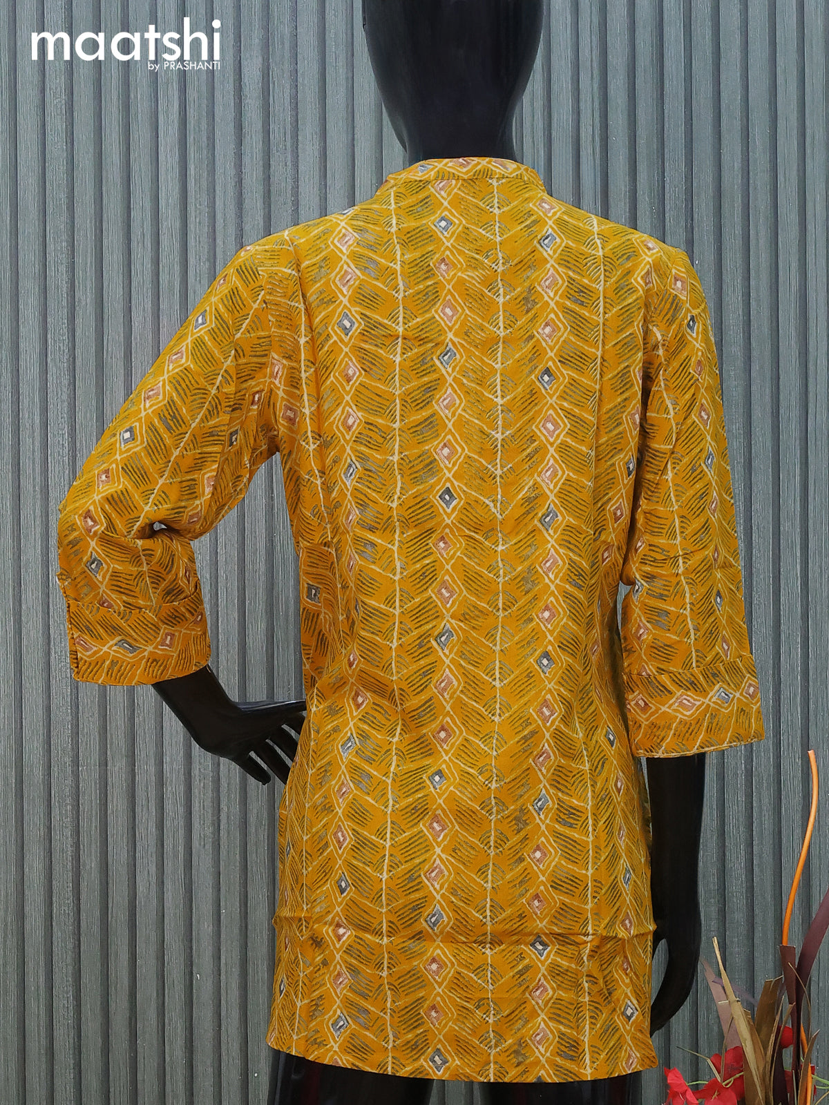 Cotton readymade short kurti mustard yellow with allover prints & mirror work without pant