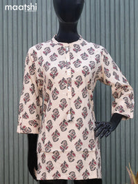 Cotton readymade short kurti cream with floral butta prints & mirror work without pant