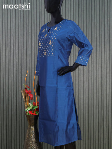 Raw silk readymade kurti peacock blue with embroidery floral work butta neck pattern without pant