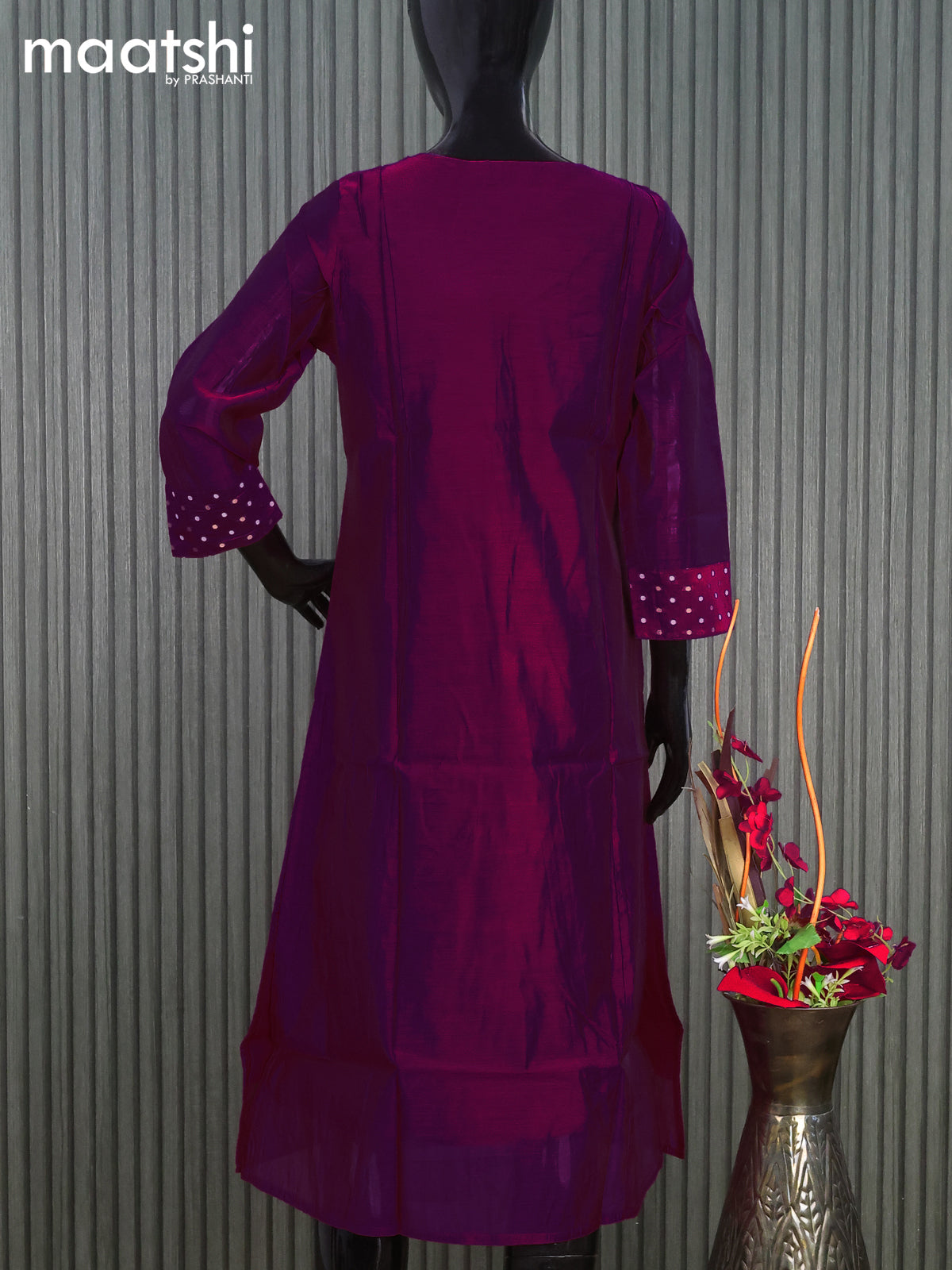 Raw silk readymade kurti purple with embroidery floral work butta neck pattern without pant