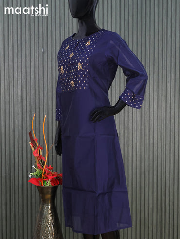 Raw silk readymade kurti navy blue with embroidery floral work butta neck pattern without pant