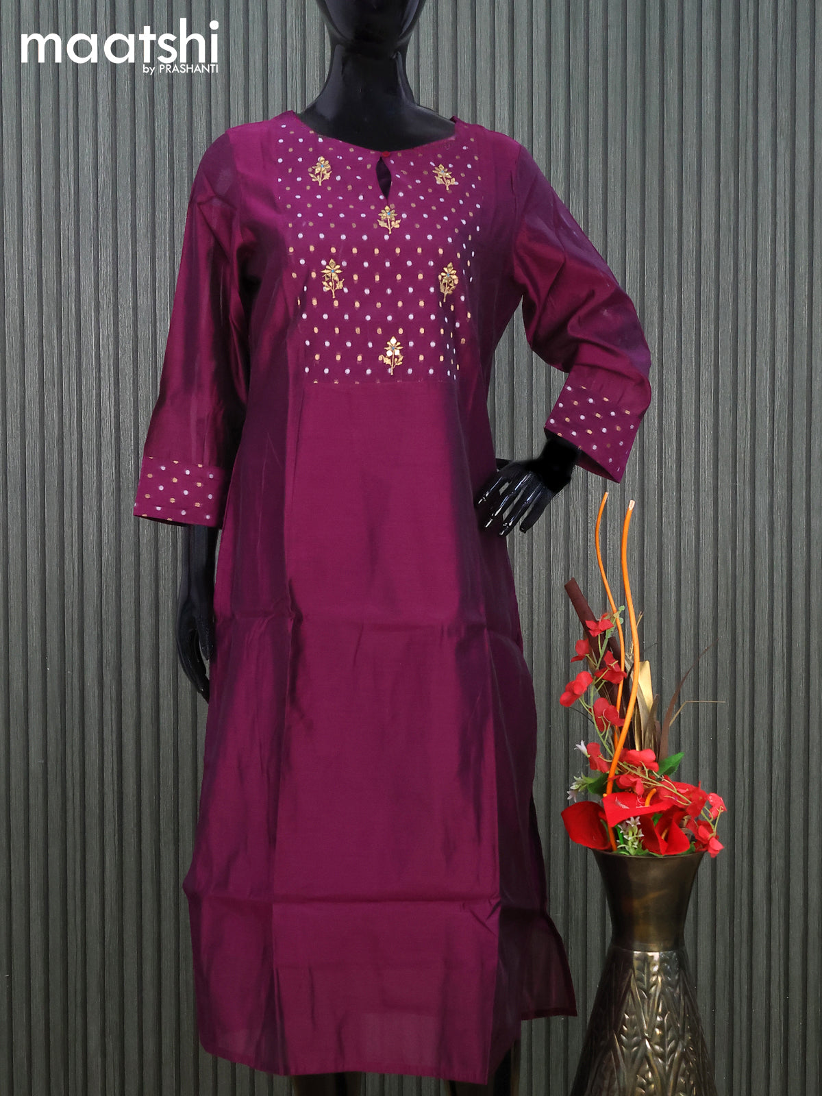 Raw silk readymade kurti magenta pink with embroidery floral work butta neck pattern without pant