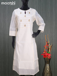 Raw silk readymade kurti off white with embroidery floral work butta neck pattern without pant