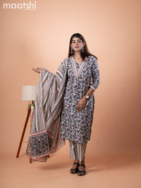 Cotton salwar suit grey and cream with allover prints & v neck mirror work and stright cut pant & dupatta