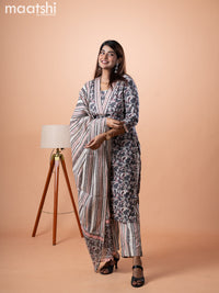 Cotton salwar suit grey and cream with allover prints & v neck mirror work and stright cut pant & dupatta