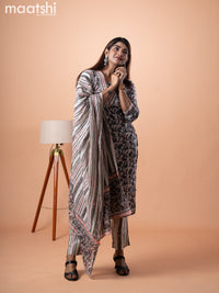 Cotton salwar suit grey and cream with allover prints & v neck mirror work and stright cut pant & dupatta