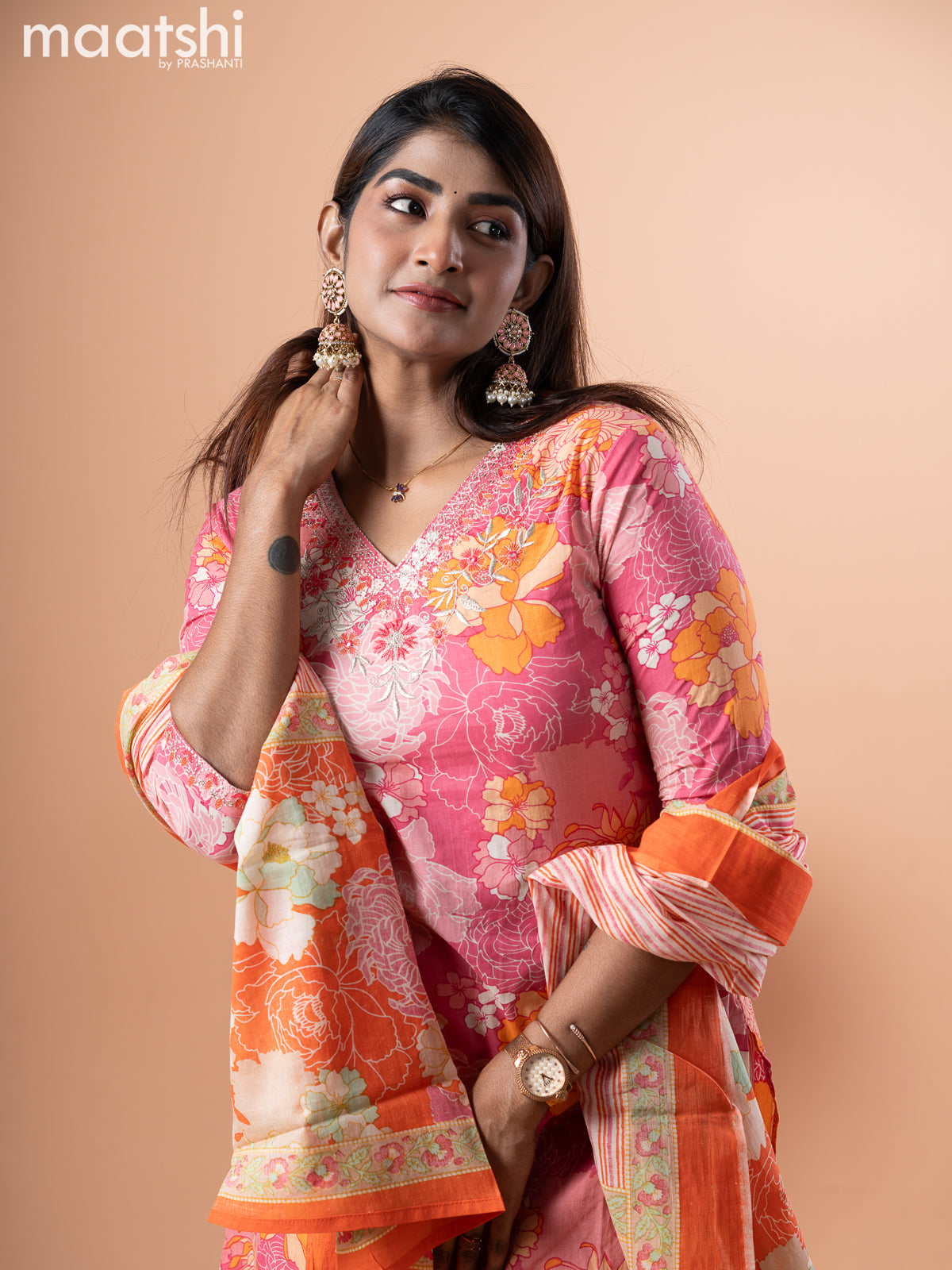 Cotton salwar suit pink and orange off white with allover floral prints & sequin work neck pattern and stright cut pant & dupatta