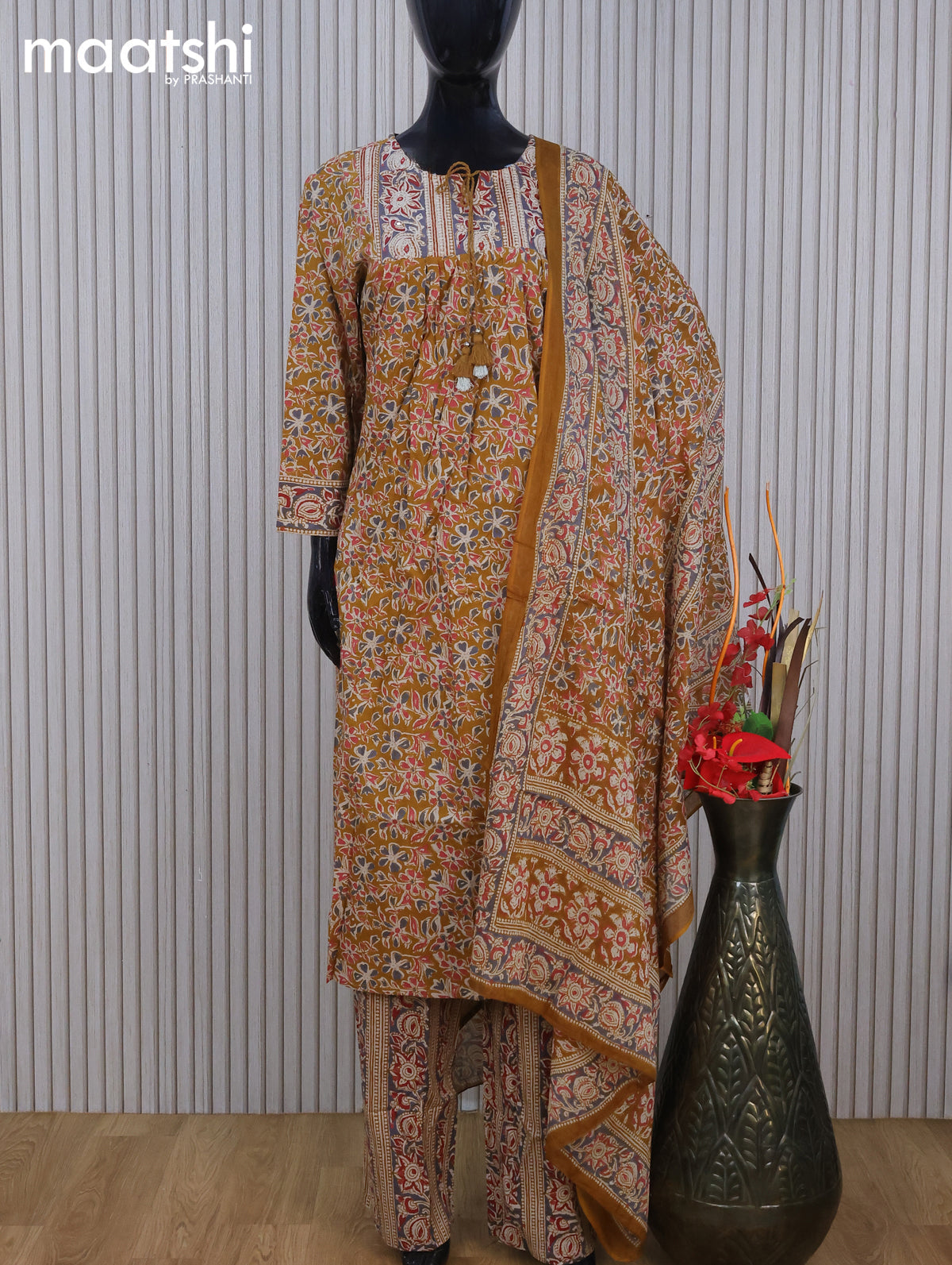 Cotton readymade salwar suit dark mustard with allover prints & embroidery work neck pattern and straight cut pant & dupatta