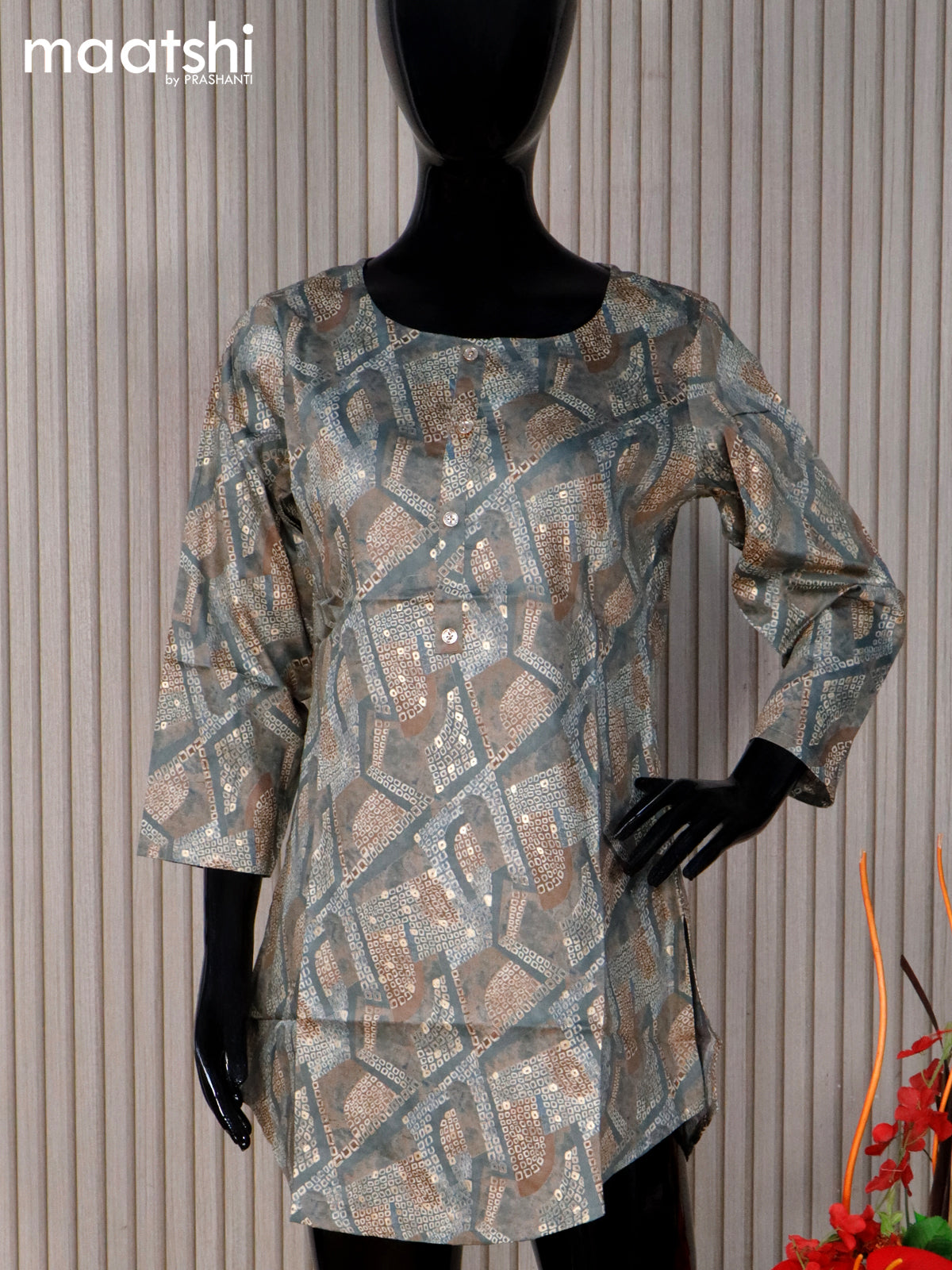 Modal readymade short kurti grey with allover prints without pant