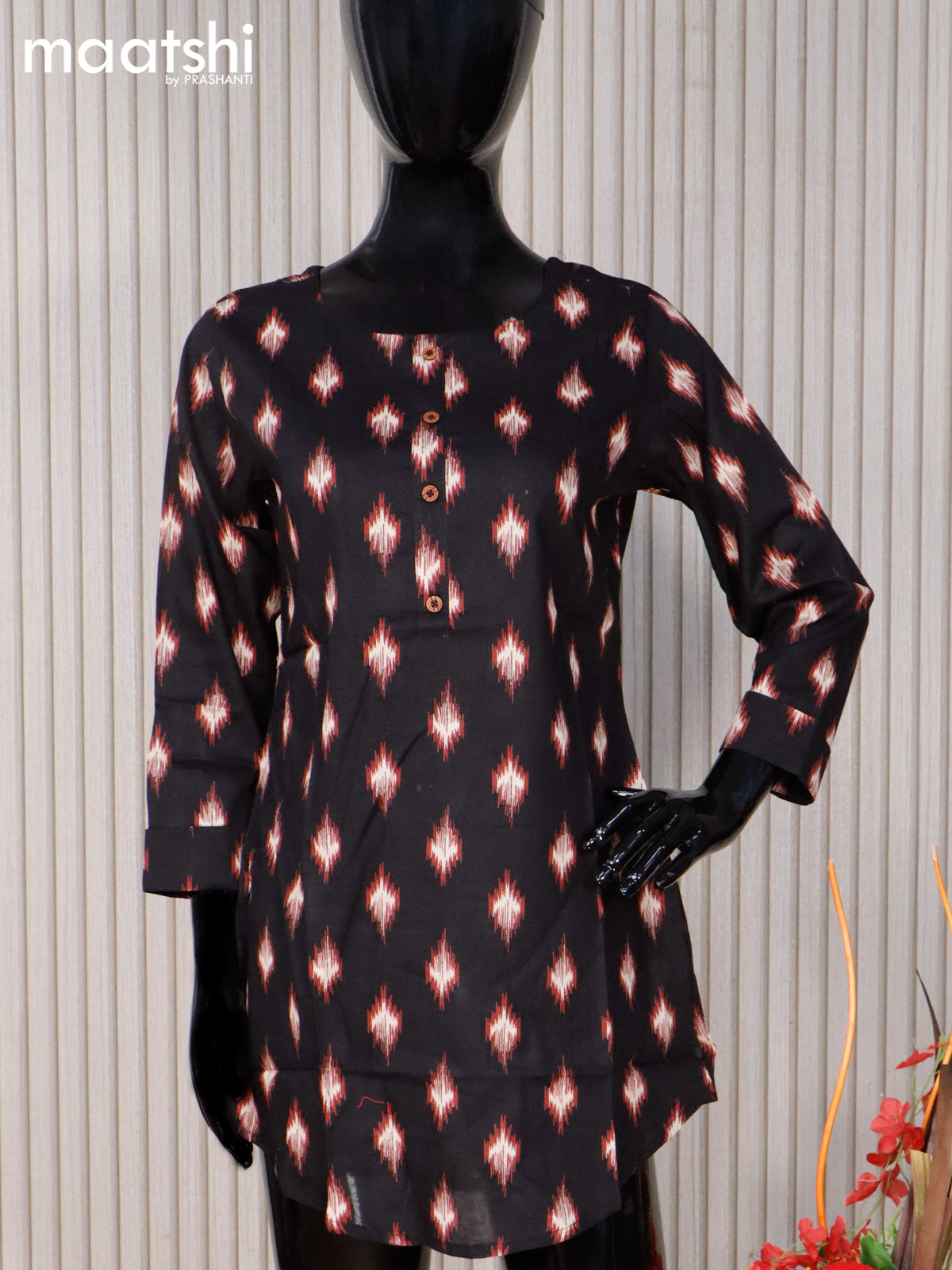 Cotton readymade short kurti black with allover ikat butta prints without pant