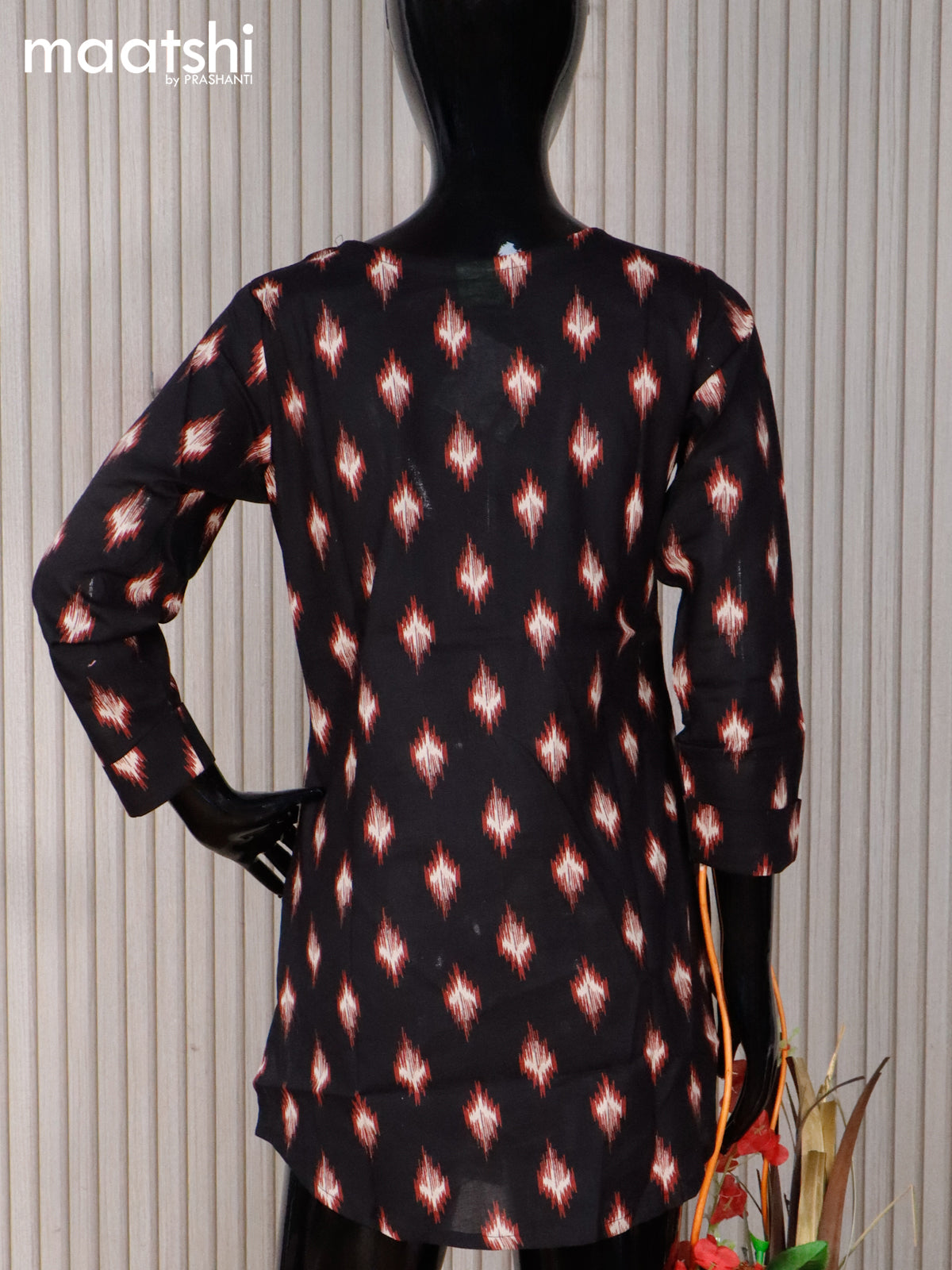 Cotton readymade short kurti black with allover ikat butta prints without pant