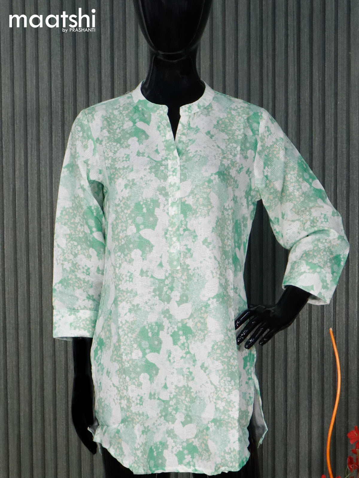 Cotton readymade short kurti teal green shade and off white with allover floral prints without pant