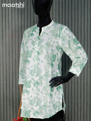 Cotton readymade short kurti teal green shade and off white with allover floral prints without pant