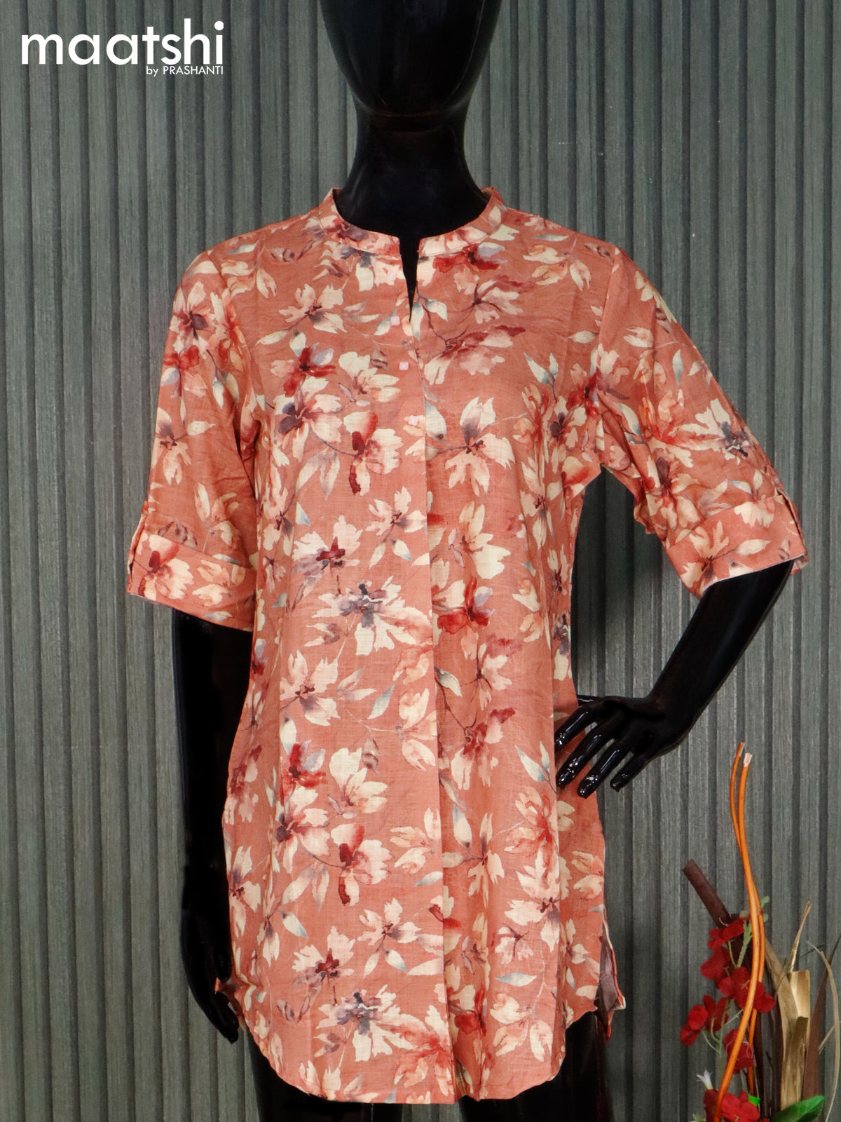 Cotton readymade short kurti peach shade with allover floral prints without pant