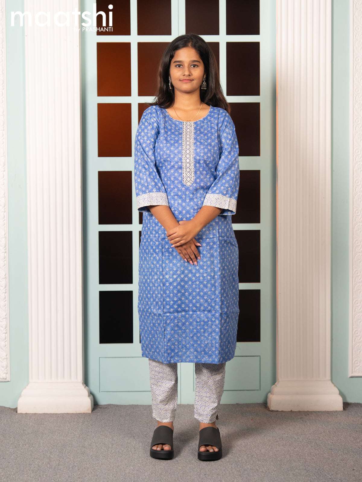 Cotton readymade kurti set blue and cream with allover butta prints & embroidery work neck pattern and straight cut pant