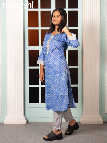 Cotton readymade kurti set blue and cream with allover butta prints & embroidery work neck pattern and straight cut pant