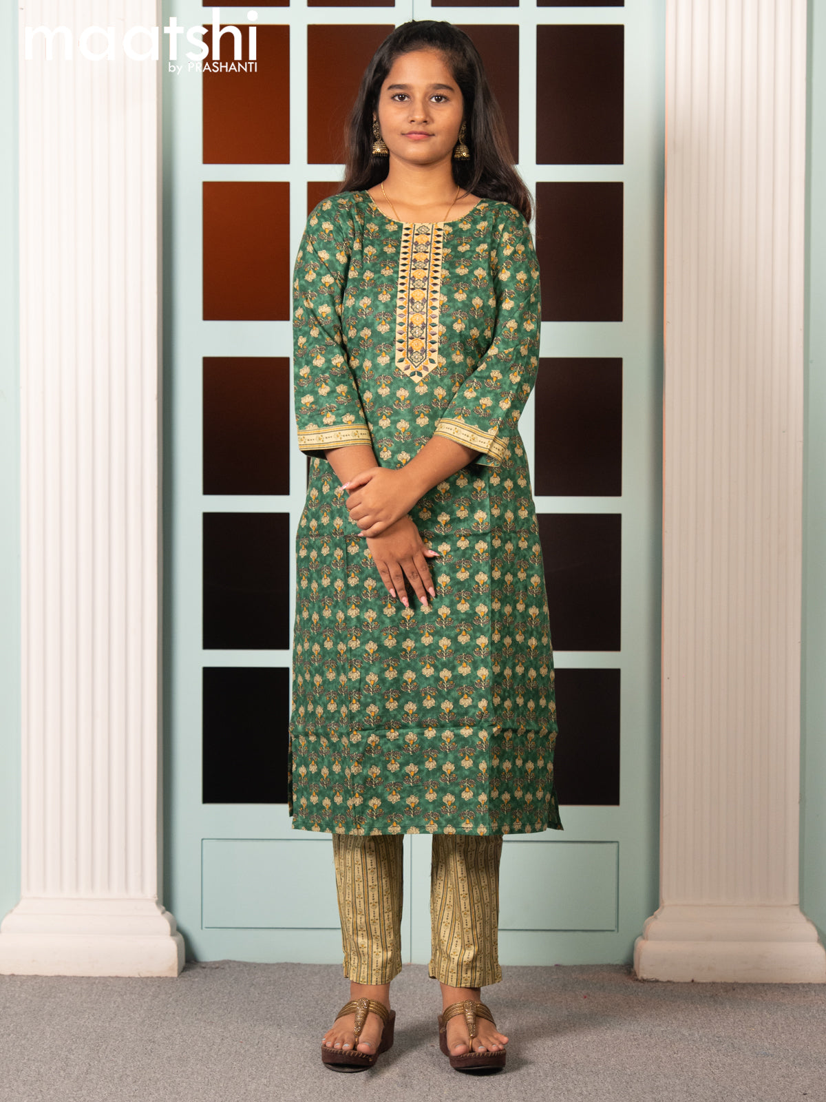 Cotton readymade kurti set green and sandal with allover floral butta prints & embroidery work neck pattern and straight cut pant