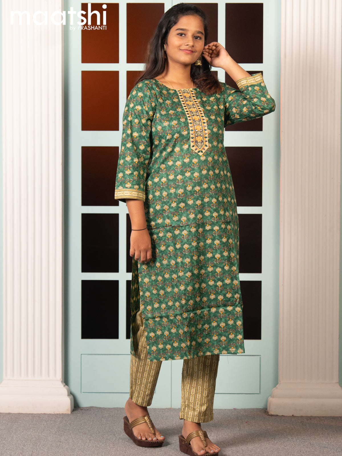 Cotton readymade kurti set green and sandal with allover floral butta prints & embroidery work neck pattern and straight cut pant