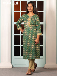 Cotton readymade kurti set green and sandal with allover floral butta prints & embroidery work neck pattern and straight cut pant