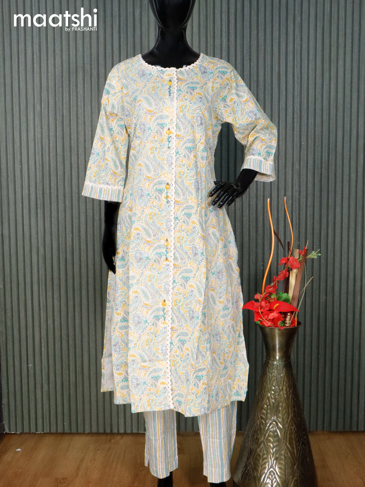 Cotton readymade kurti set cream and yellow shade with allover paisley prints & lace work neck pattern and straight cut pant