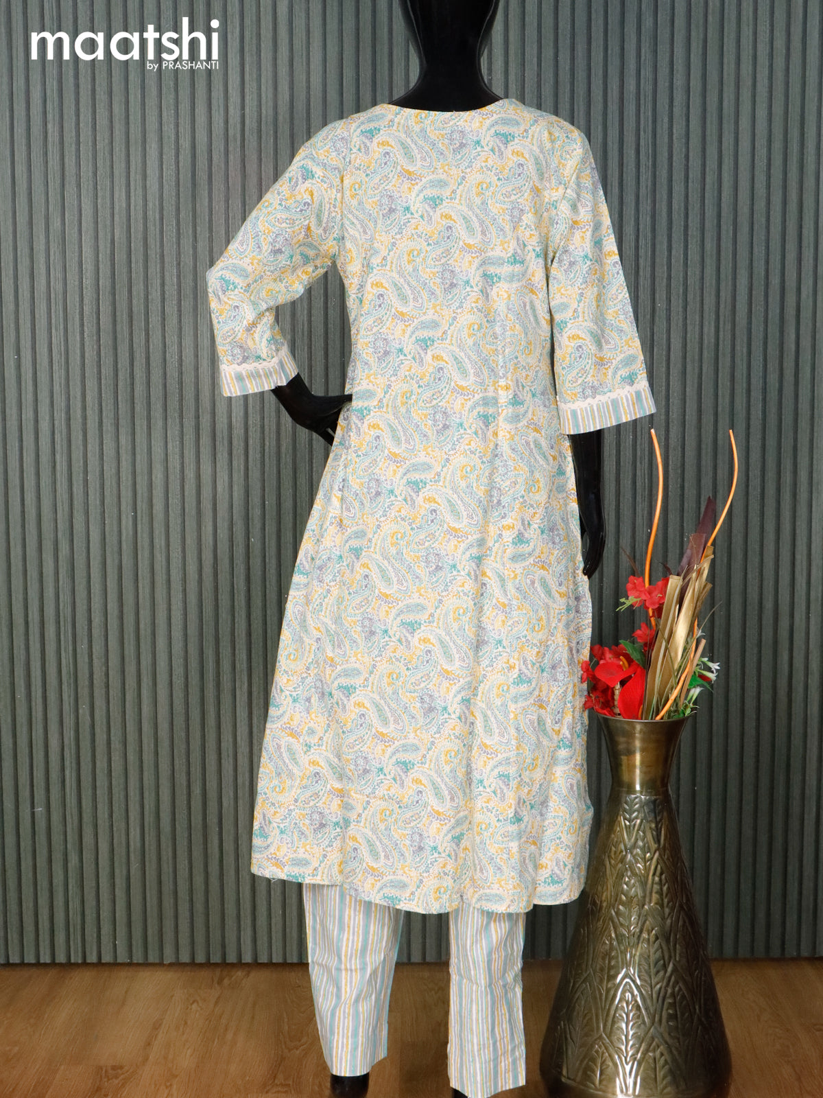 Cotton readymade kurti set cream and yellow shade with allover paisley prints & lace work neck pattern and straight cut pant