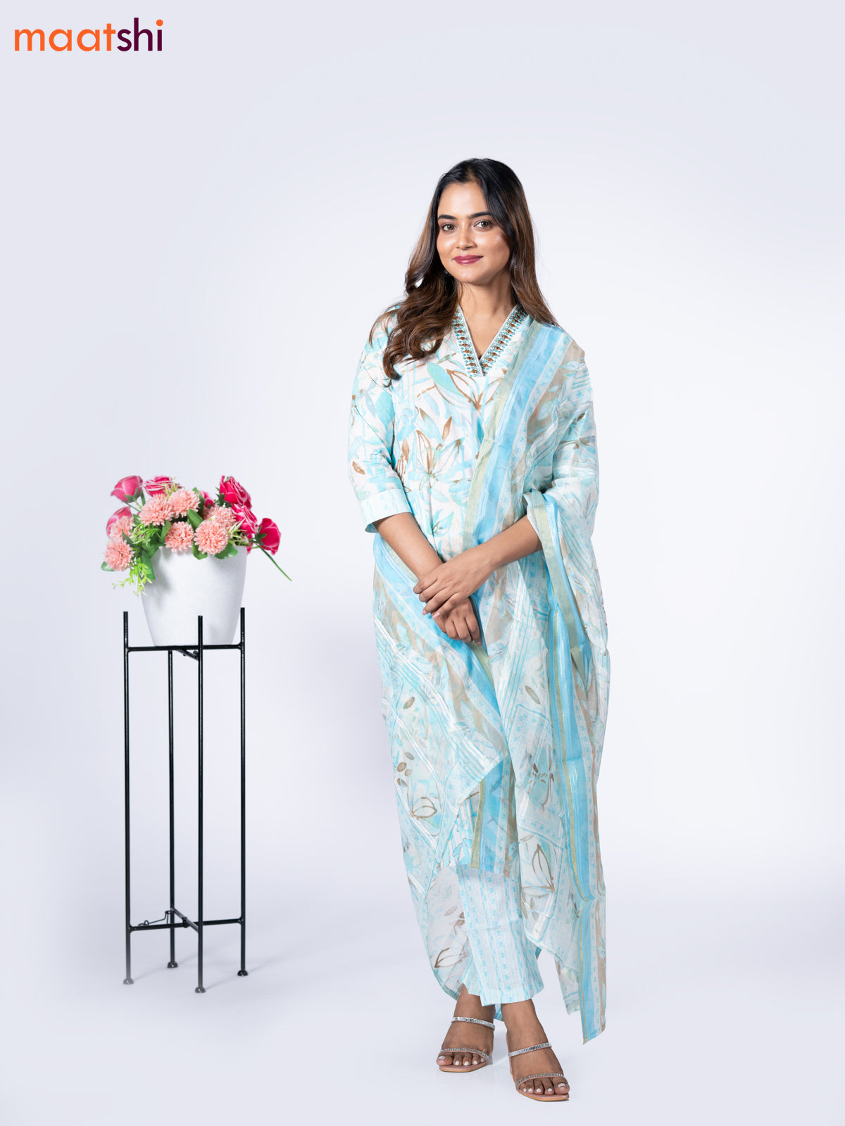 Cotton readymade salwar suit off white and light blue with allover prints & embroidery mirror work v neck pattern and straight cut pant & dupatta