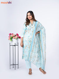 Cotton readymade salwar suit off white and light blue with allover prints & embroidery mirror work v neck pattern and straight cut pant & dupatta