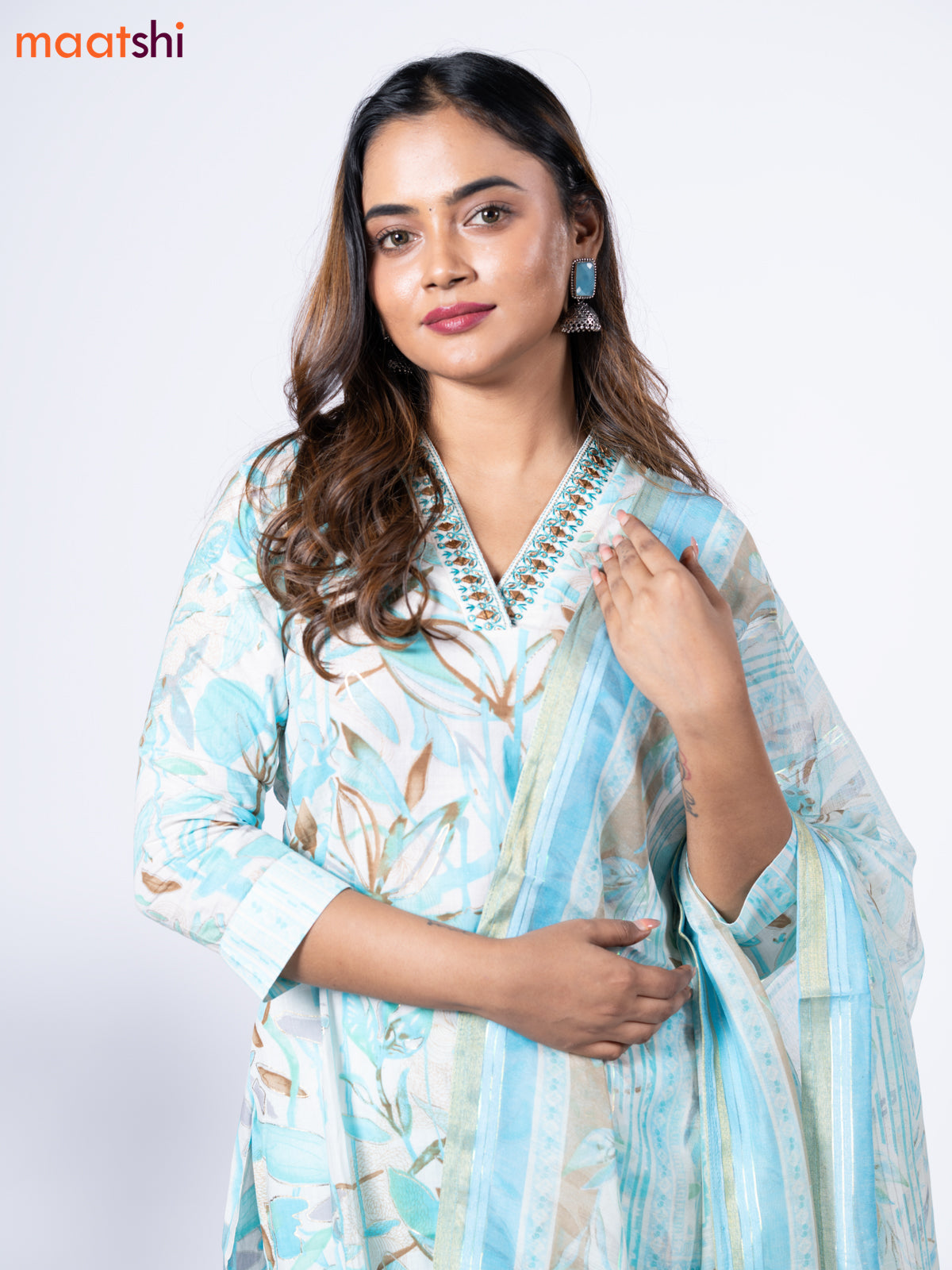 Cotton readymade salwar suit off white and light blue with allover prints & embroidery mirror work v neck pattern and straight cut pant & dupatta