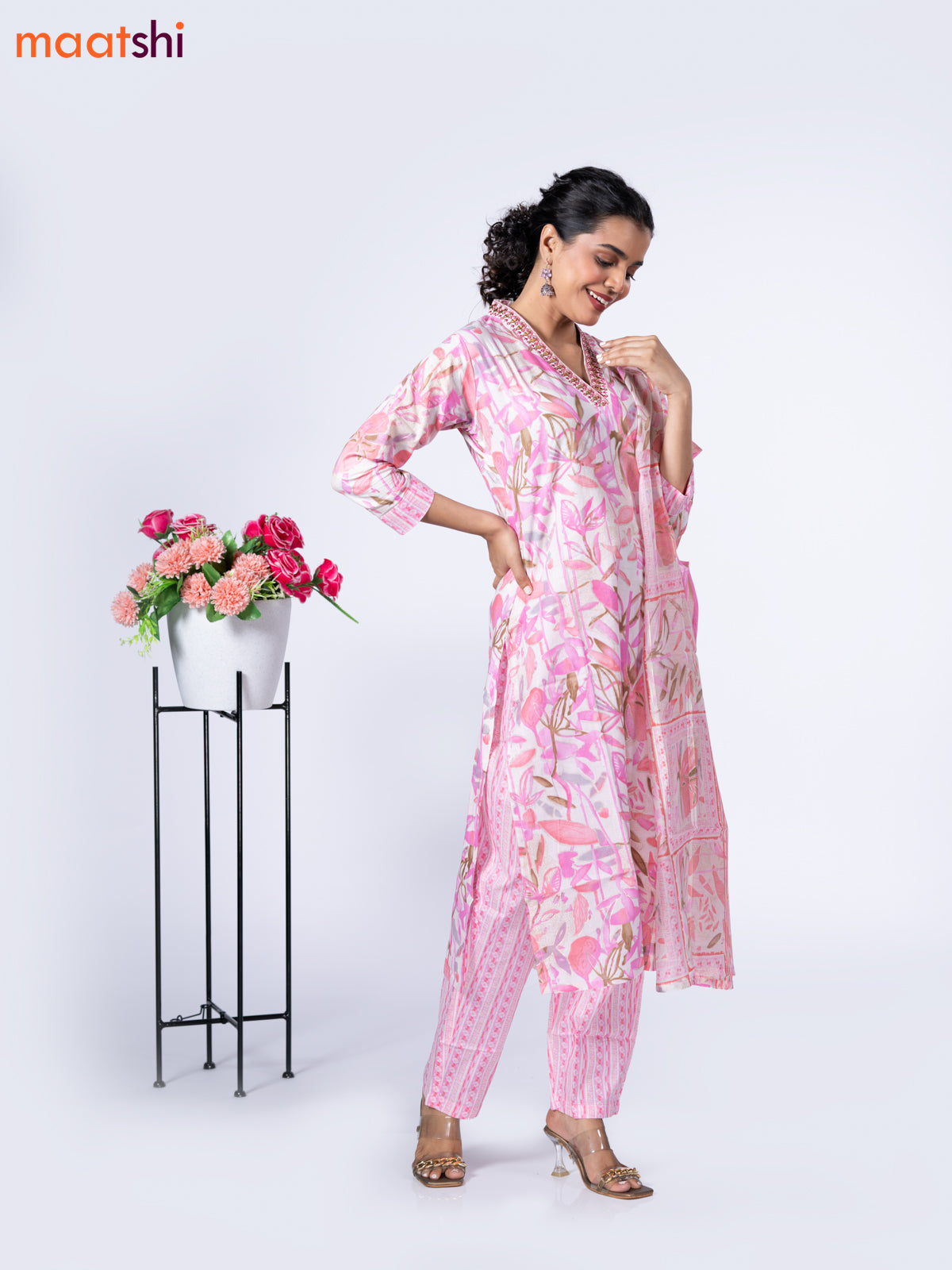 Cotton readymade salwar suit off white and pink with allover prints & embroidery mirror work v neck pattern and straight cut pant & dupatta