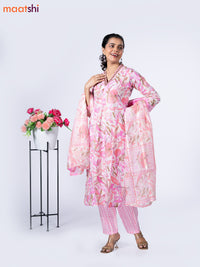 Cotton readymade salwar suit off white and pink with allover prints & embroidery mirror work v neck pattern and straight cut pant & dupatta