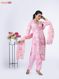 Cotton readymade salwar suit off white and pink with allover prints & embroidery mirror work v neck pattern and straight cut pant & dupatta