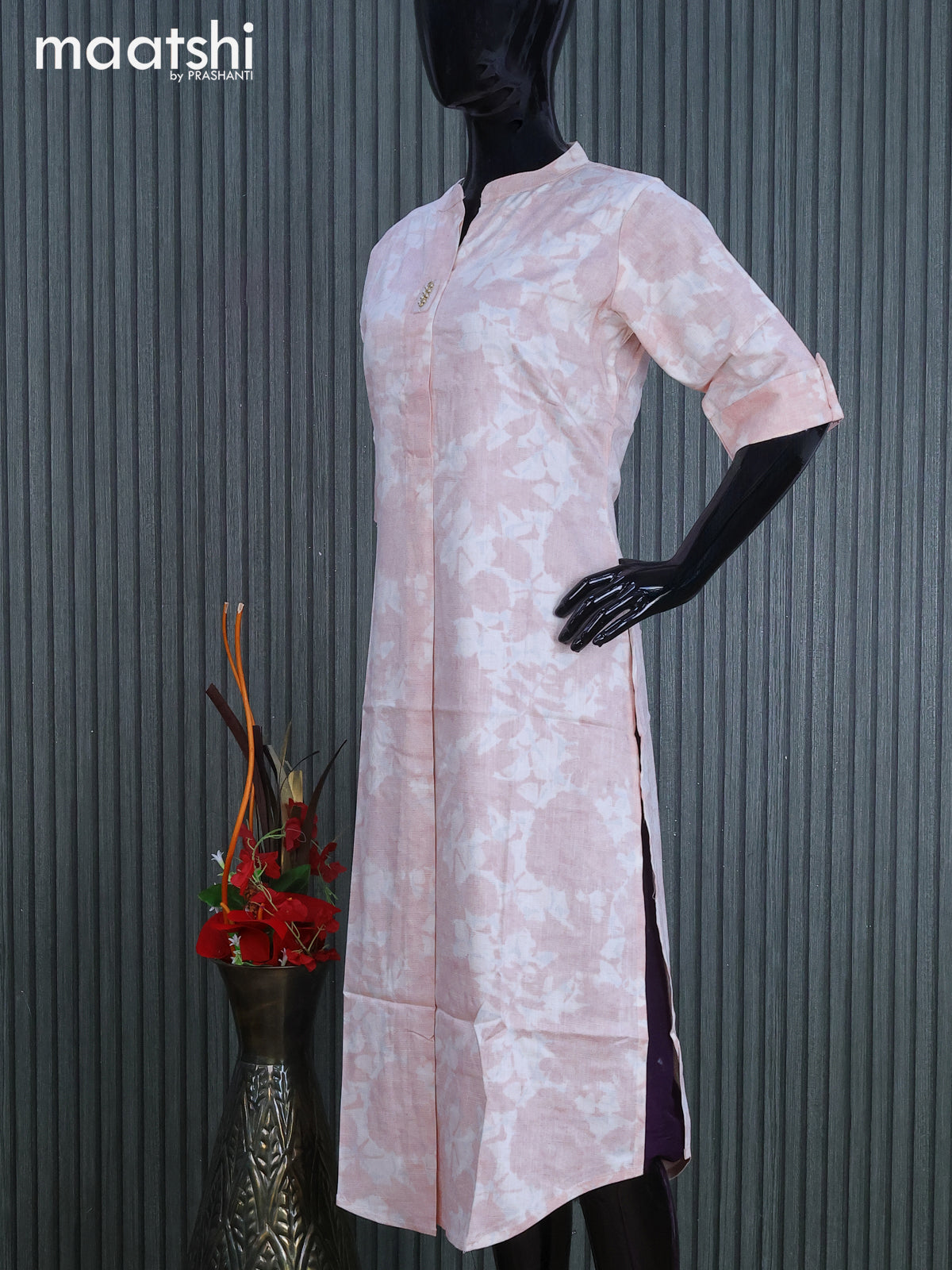 Rayon readymade kurti off white and pastel pink with allover prints & simple neck pattern without pant