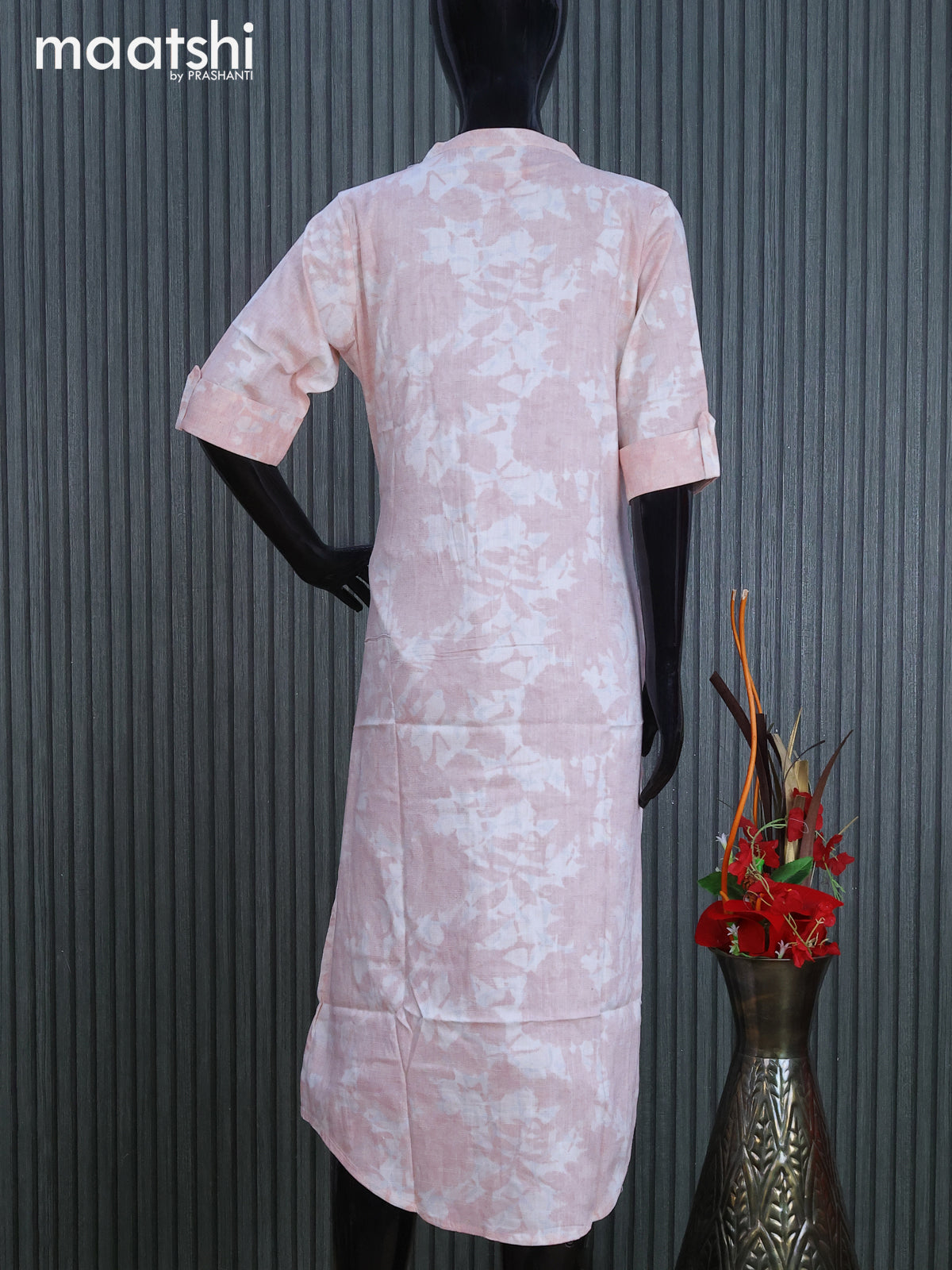 Rayon readymade kurti off white and pastel pink with allover prints & simple neck pattern without pant