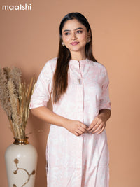 Rayon kurti off white and pastel pink with allover prints & simple neck pattern without pant