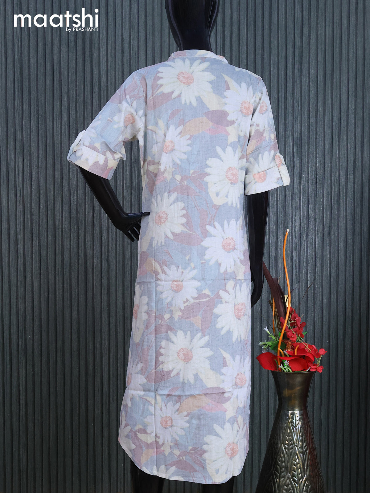 Rayon readymade kurti pastel grey with allover floral prints & simple neck pattern without pant