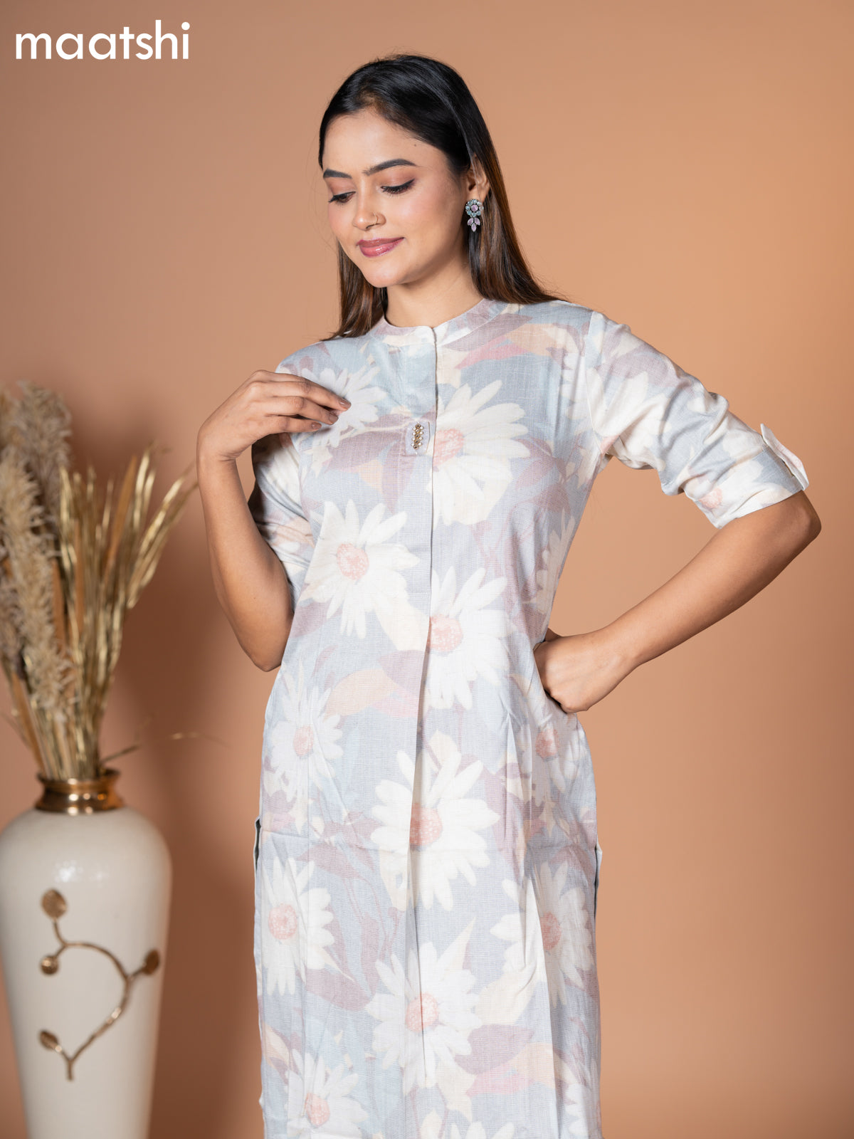 Rayon kurti pastel grey with allover floral prints & simple neck pattern without pant