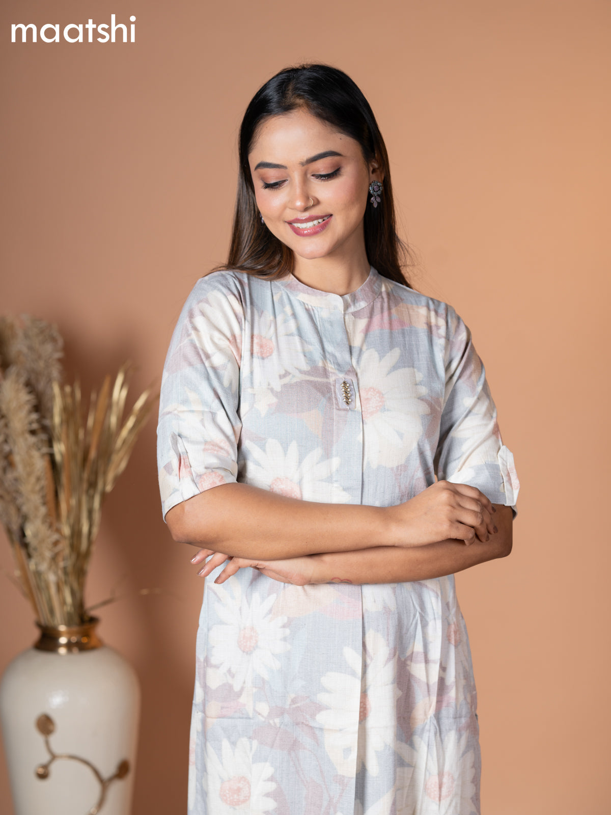 Rayon kurti pastel grey with allover floral prints & simple neck pattern without pant