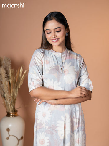 Rayon kurti pastel grey with allover floral prints & simple neck pattern without pant